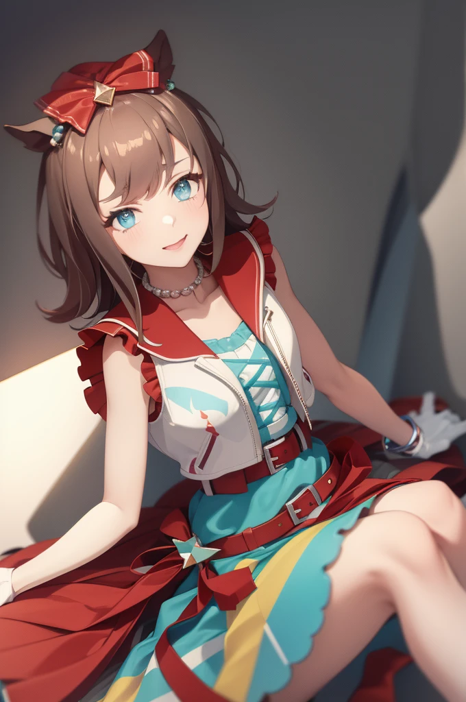 masterpiece, best quality, Agnes Digital \(umamusume\), single thigh, sleeveless, Single glove, garter straps, white gloves, crop top, flounce, sailor collar, multicolored skirts, multicolored clothes, layered skirt, red belt, white shirt, seat, glowing stick, cute