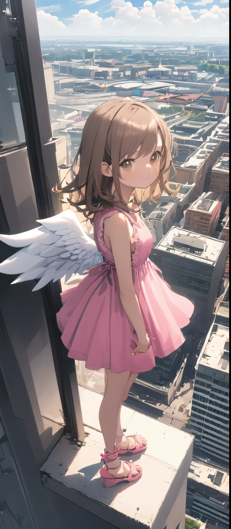 (masterpiece, best quality),from above , 1littlegirl, solo, (feathered White angel wings:1.2), yellow halo,billboard, brown eyes, brown hair, building, city, cloudy sky, pink sleeveless short dress,pink sandal, crane \(machine\), dutch angle, from side, light frown, looking at viewer, outdoors, rooftop, sky, skyscraper