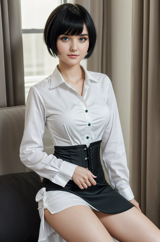 Photo of 25 year old girl, short black hair, bangs with white tuft, dress shirt and a black corset, black dress pants, Tired eyes, green eyes, cute face and perfect body