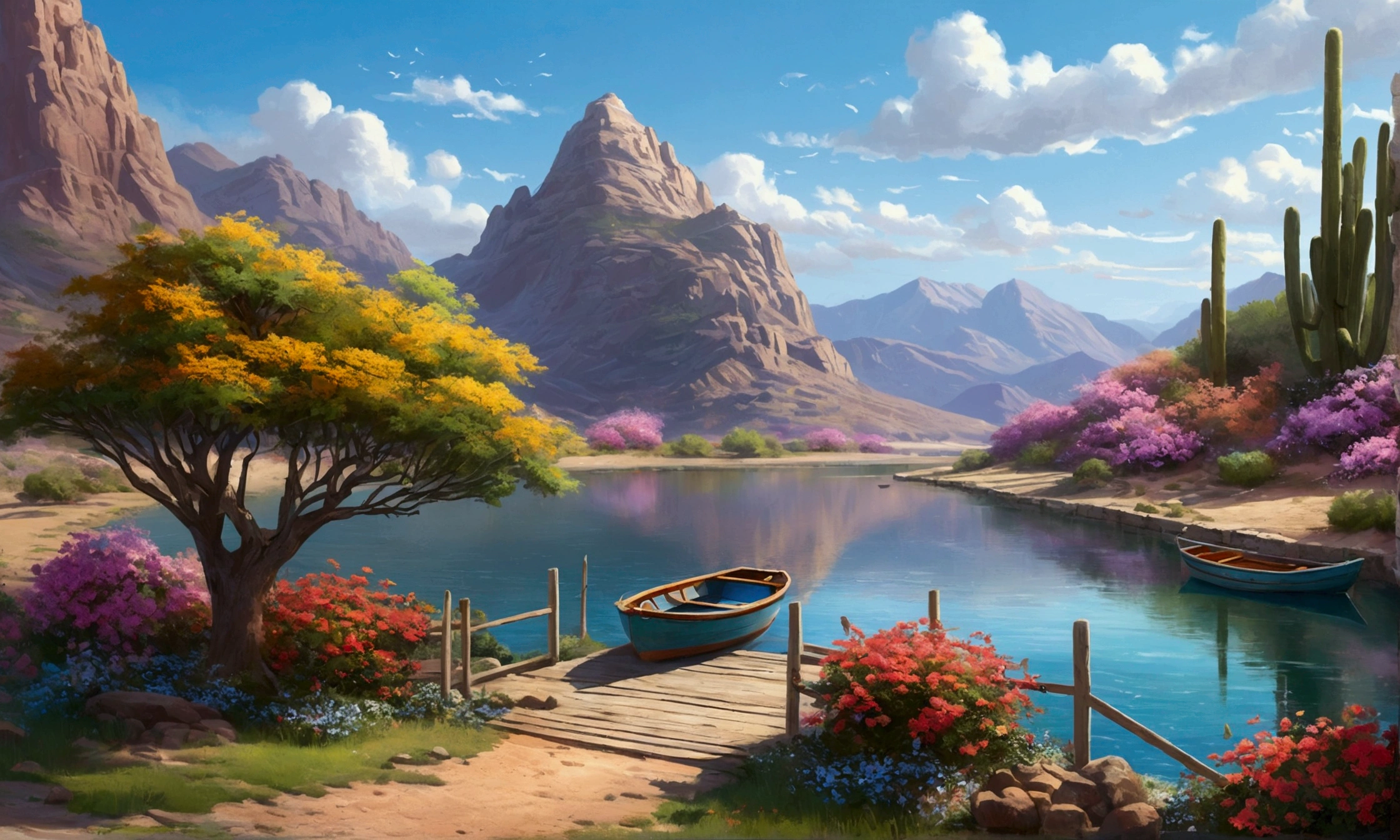 Mountain and tree painting, Pool, , Flowers beside the fence, Fence along the road, Mountain landscape with lake and boat, Illustration Matte Painting, Inspired by Thomas Kinkade, Symmetrical Matte Paint, Detailed landscape , Style Raw, 8k ultra high definition, Environmental design illustration, Landscape painting (details), Seaside scenery, Concept Art, Highly detailed digital art in 4K, 4K Digital Painting, 4K Digital Painting, Amazing digital illustrations, Desert Background, デジタルペインティングConcept Art, Detailed digital painting
