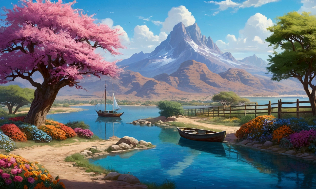 Mountain and tree painting, Pool, , Flowers beside the fence, Fence along the road, Mountain landscape with lake and boat, Illustration Matte Painting, Inspired by Thomas Kinkade, Symmetrical Matte Paint, Detailed landscape , Style Raw, 8k ultra high definition, Environmental design illustration, Landscape painting (details), Seaside scenery, Concept Art, Highly detailed digital art in 4K, 4K Digital Painting, 4K Digital Painting, Amazing digital illustrations, Desert Background, デジタルペインティングConcept Art, Detailed digital painting
