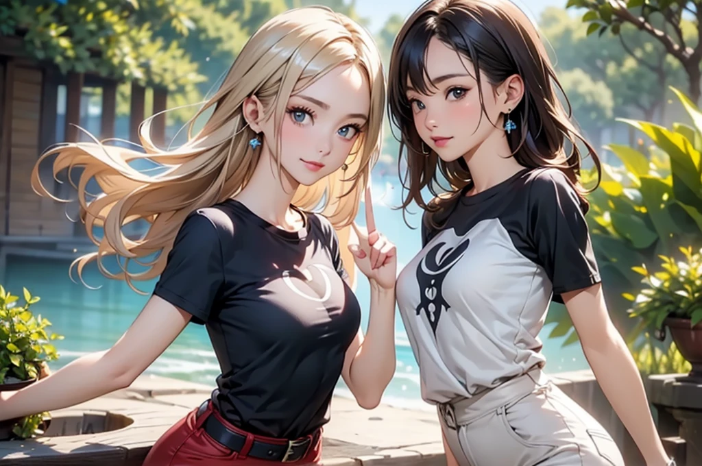 (Natural finger shape:1.5),4K,masterpiece,((Focus on the face)),((Symmetrical facial features)),Eye for detailed depiction,Beautiful woman,Excellent style,Beautiful feet,(Small Ass,Thin thighs),Facial detailing,Small earrings,((T-Shirts、hot pants)),A park with lush greenery in the early morning,(soft exercise),blue blonde,Close-up photo of the upper body,Two women lesbian play
