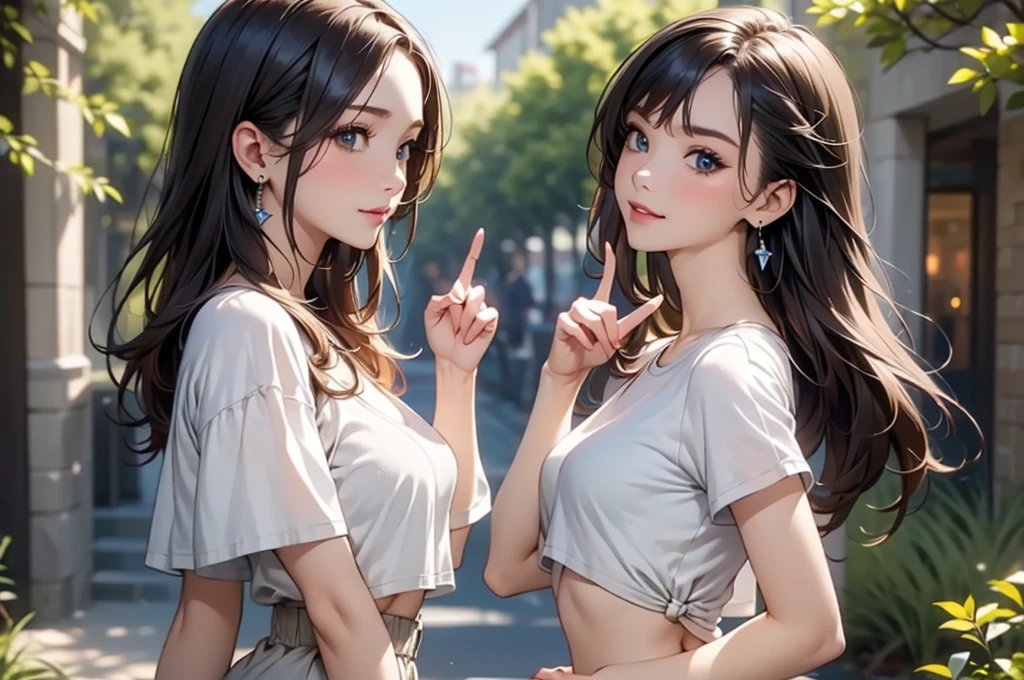 (Natural finger shape:1.5),4K,masterpiece,((Focus on the face)),((Symmetrical facial features)),Eye for detailed depiction,Beautiful woman,Excellent style,Beautiful feet,(Small Ass,Thin thighs),Facial detailing,Small earrings,((T-Shirts、hot pants)),A park with lush greenery in the early morning,(soft exercise),blue blonde,Close-up photo of the upper body,Two women lesbian play