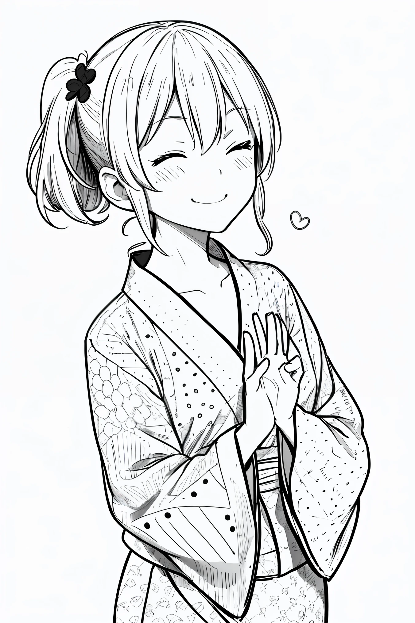masterpiece,, One Girl, alone, short, White Background, Monochrome, Line art, ((sketch))、Look forward、Wearing a yukata、A polka dot yukata、smile、Waving right hand、Side Ponytail、Winking、One eye closed、It's five fingers