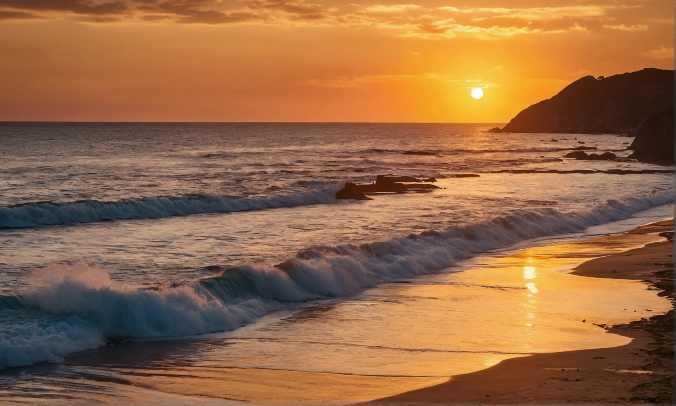 "Imagine a serene coastal scene at golden hour., Where sea and sky merge in a breathtaking embrace. This image was taken with a Canon EOS R5, Equipped with 70-200mm F/2.8 Lenses, Create a high-resolution composition, Capturing the vastness of the sea and sky. The camera setup includes a 45-megapixel sensor, the result、16K resolution is now possible. To ensure optimal quality and minimal noise, ISO value 200 selected. The shutter speed was set to 1./200s, Freeze a moment in time, on the other hand、A large aperture of f is/2.8. Artistic depth of field and improved light capture now possible."