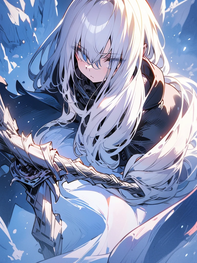 a mature tall slender woman with long white hair wearing a hooded white cloak, full silver armor, holding a sacred sword, kneeling in a dark fantasy landscape with dense fog, cold weather, hurricane, lightning, snow, dramatic shadows and cinematic lighting, (best quality,8k,ultra-detailed,masterpiece:1.2),photorealistic