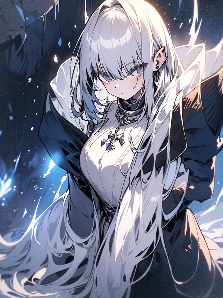 a mature tall slender woman with long white hair wearing a hooded white cloak, full silver armor, holding a sacred sword, kneeling in a dark fantasy landscape with dense fog, cold weather, hurricane, lightning, snow, dramatic shadows and cinematic lighting, (best quality,8k,ultra-detailed,masterpiece:1.2),photorealistic
