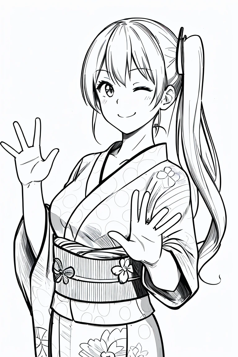 masterpiece,, One Girl, alone, short, White Background, Monochrome, Line art, ((sketch))、Look forward、Wearing a yukata、A polka dot yukata、smile、Waving right hand、Side Ponytail、Winking、One eye closed、It's five fingers