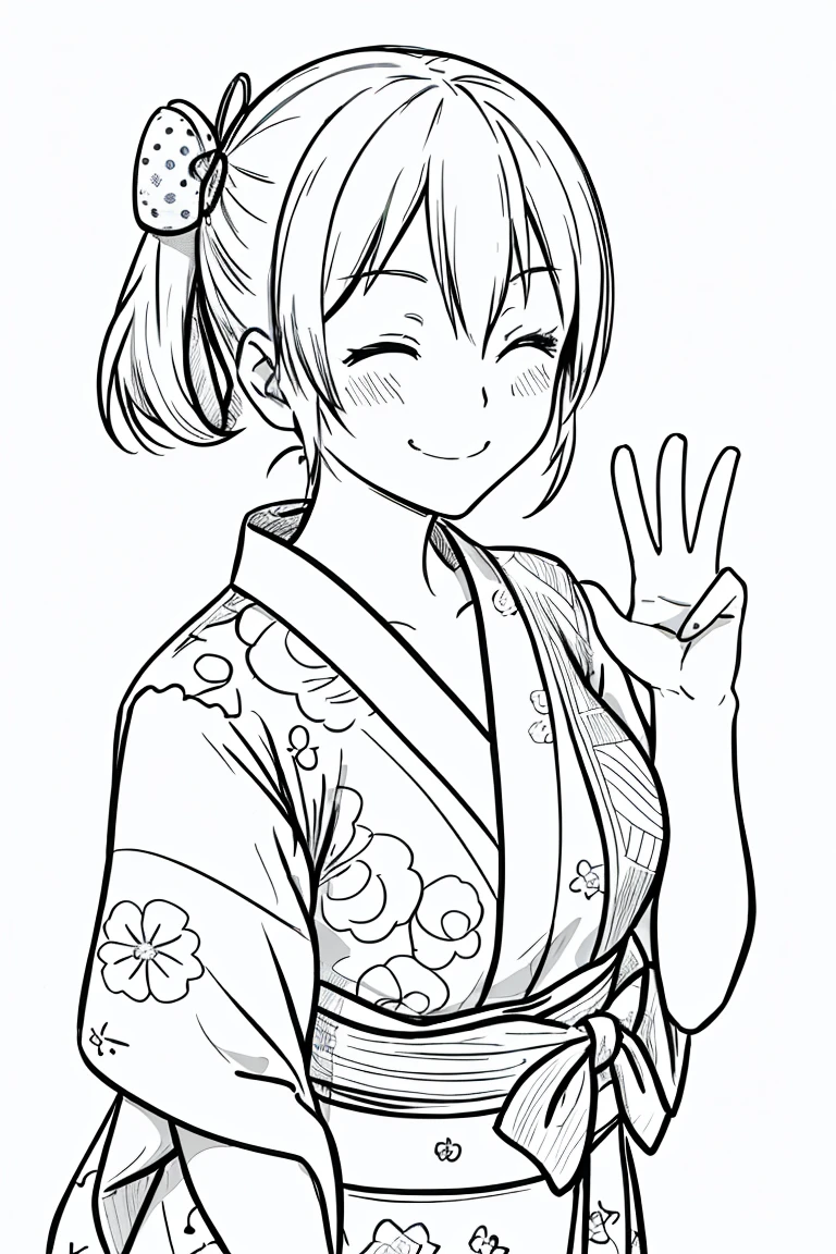 masterpiece,, One Girl, alone, short, White Background, Monochrome, Line art, ((sketch))、Look forward、Wearing a yukata、A polka dot yukata、smile、Waving right hand、Side Ponytail、Winking、One eye closed、It's five fingers