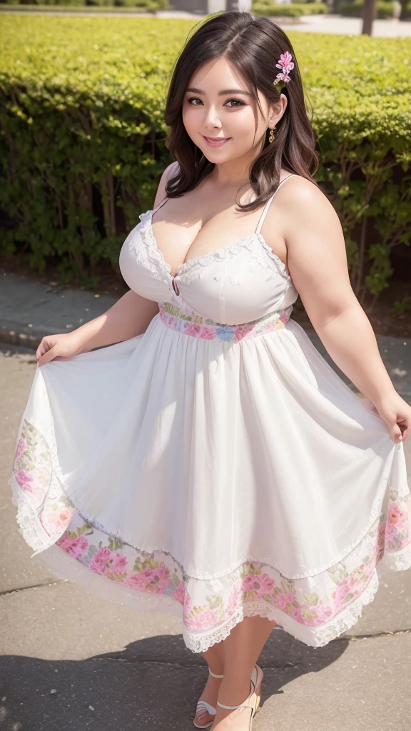 A beautiful and hot almost chubby mature woman.who is wearing a patterned short dress and is and standing in the park. A smiling face、sexy woman、A radiant smile、adorable、race、Frills、Colorful design、Full-length mirror、An inviting gaze、Gorgeous long and beautiful hairstyle、variation Hairstyle、Open neck blouse、Flower Garden、Sparkling、Elegant Princess
