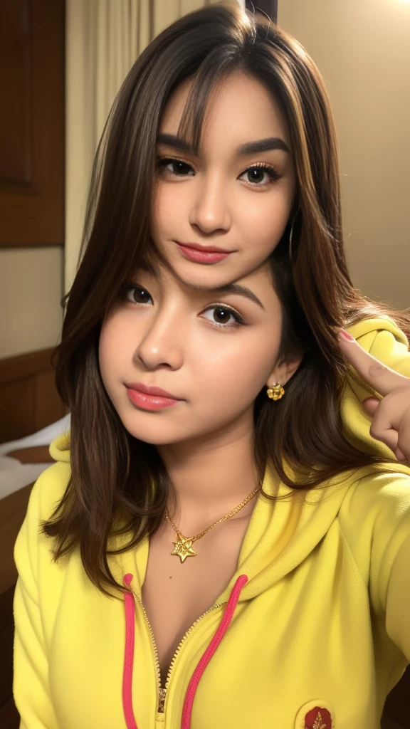 photography, woman,  portrait of woman wearing yellow hoodie clothes, red lipstick, golden necklace, earrings, ornate, detail, flowers, blurry background, soft focus