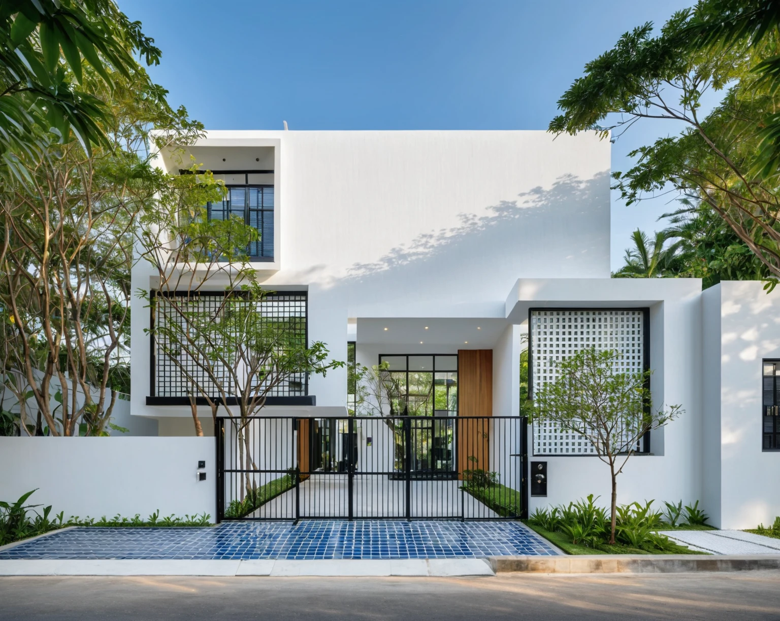 RAW photo , A white minimalism woodandwhite modern house with a double story and simple architecture, surrounded by trees in the yard of Vietnam, featuring a black metal gate and fence, landscape design, natural light, clear sky, blue background, high resolution photography, architectural photography, architectural appearance. The building has square windows made from white ceramic tiles, while the walls feature grid designs, There is also an entrance to another home nearby in the style of architectural photography, road, sidewalk, sidewalk trees, 8k uhd, dslr, soft lighting, high quality, film grain, Fujifilm XT3
