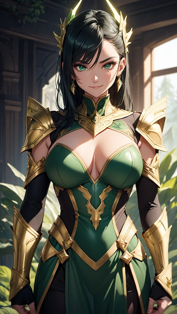 NSFW armor with a greenish-silver glow and gold accents reminiscent of nature, black hair, in gentle waves over your shoulders. Your carved face, with delicate features and a defined jawline and expressive green eyes, smiling and happy