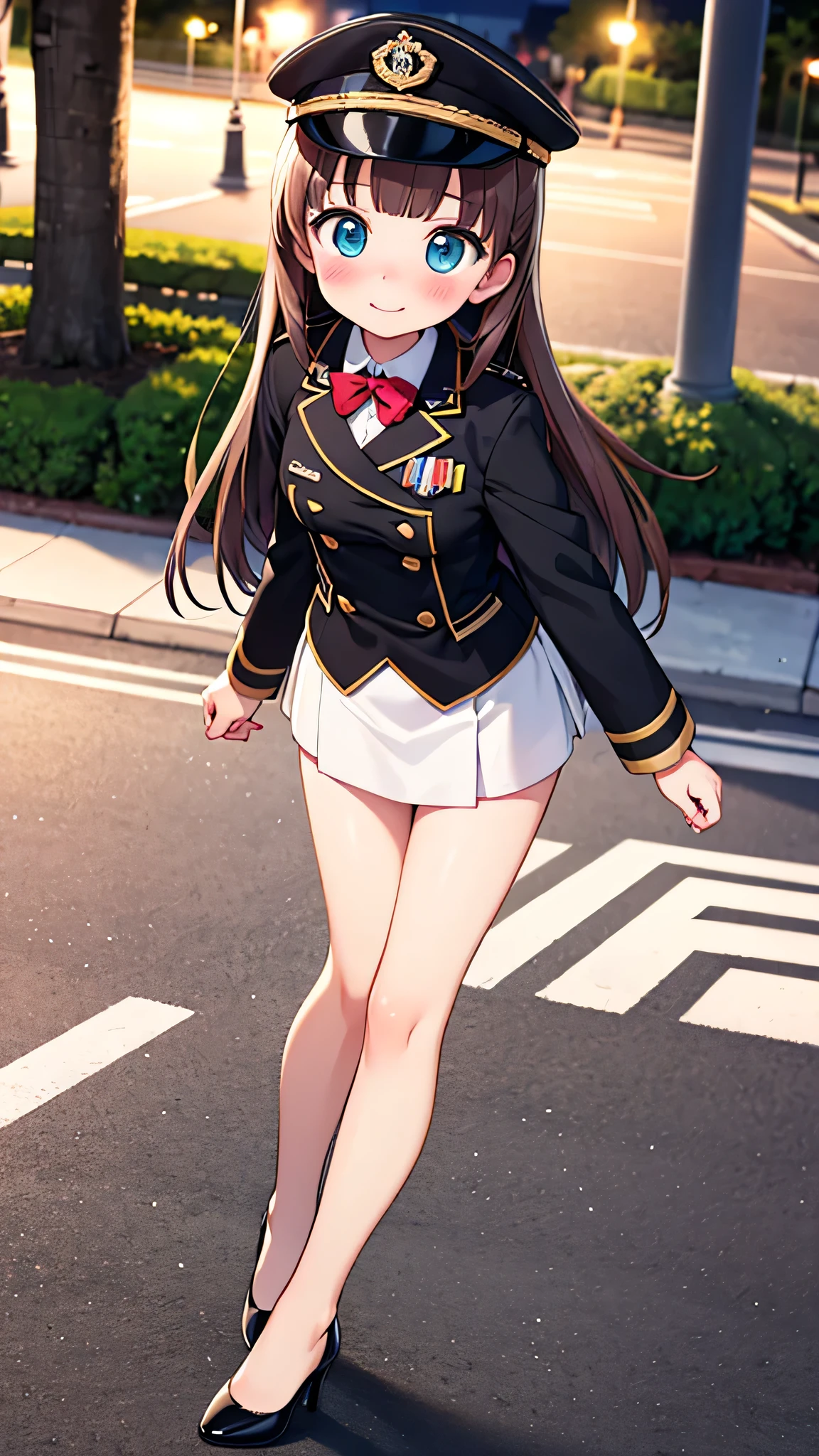 {Highest quality}, {Super beautiful},{Ultra fine},{Best illustration},Brown Hair,Hime cut,semi-long,Bangs,Standing Woman,Uniform cap,nude, exposed,Night Park,Embarrassed,smilingly,Blushing,Slender women, A woman wearing plain black pumps,Bare feet and pumps,From an angle,From above