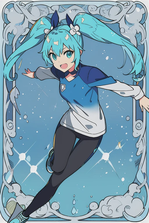 An anime picture, a perfect body, full body, snow background, a princess with twin tails (cyan color), hair ornament, light blue shirts, black leggings, ice skating shoes, and black leggings. ice skating