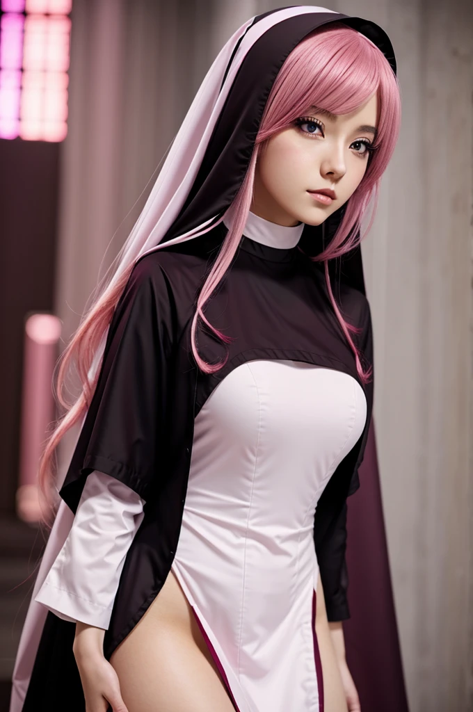 anime girl, of demonic race, dressed as a sexy nun with burgundy colors. Of pale, medium-pink complexion. pink eyes. Half pink hair, half dark burgundy. anime style