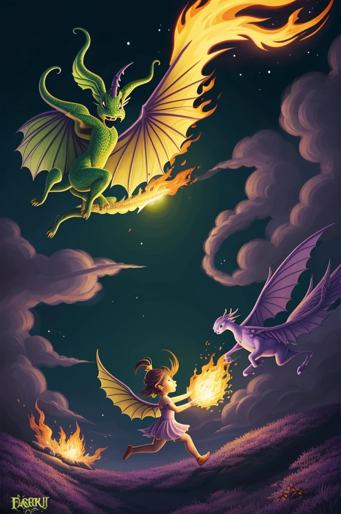 Create an illustration for the book "Fairy Dragon", cartoonish, green breathing fire, children scared running away from it. Purple, yellow color.