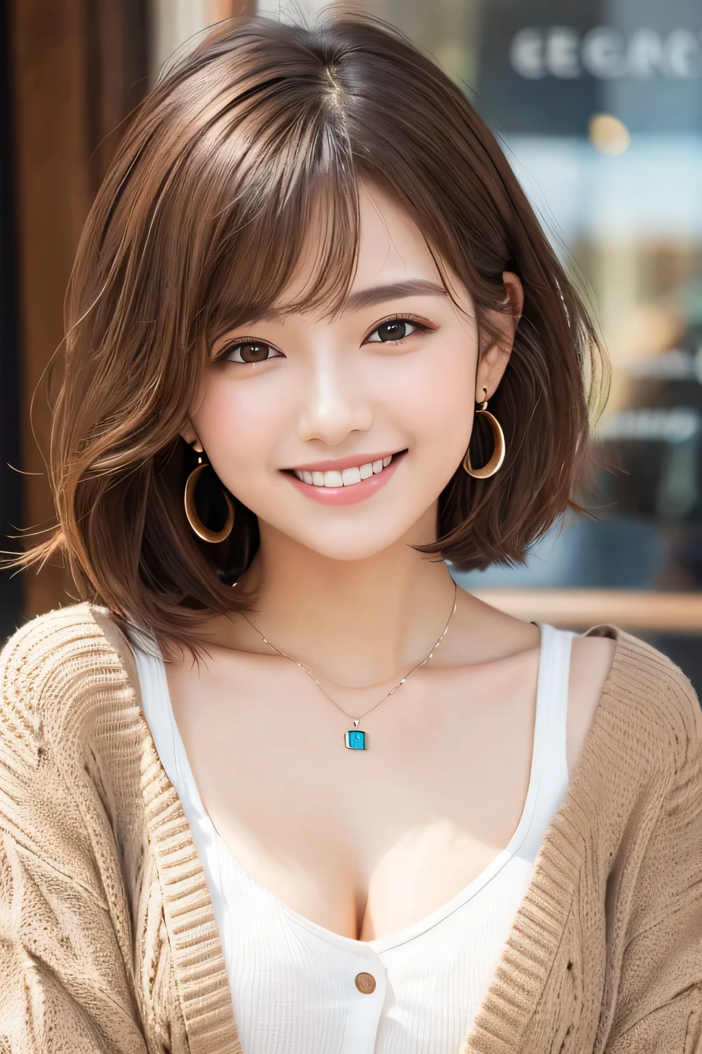 ）Light brown hair、Clear beauty、Short Haircut、Wavy Hair、cardigan、blouse、Ear piercing、Necklace around the neck、smile、Beautiful teeth alignment、Intricate details, Very detailed:1.2), 、 Looking into the camera、The background is a coffee shop

