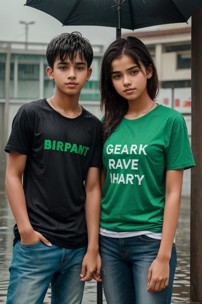 A smart girl and boy is getting drenched in heavy rain, the girl and boy is wearing a green t-shirt, black lower, the name JEPAR is written on the boy t-shirt, the background is market, full HD ultra quality image