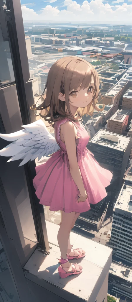(masterpiece, best quality),from above , 1littlegirl, solo, (feathered White angel wings:1.2), yellow halo,billboard, brown eyes, brown hair, building, city, cloudy sky, pink sleeveless short dress,pink sandal, crane \(machine\), dutch angle, from side, light frown, looking at viewer, outdoors, rooftop, sky, skyscraper