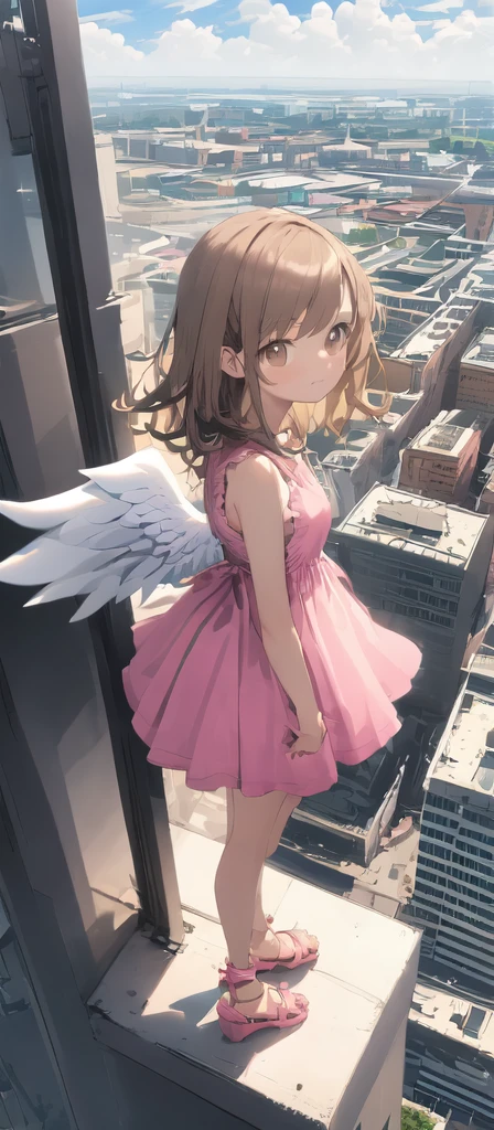 (masterpiece, best quality),from above , 1littlegirl, solo, (feathered White angel wings:1.2), yellow halo,billboard, brown eyes, brown hair, building, city, cloudy sky, pink sleeveless short dress,pink sandal, crane \(machine\), dutch angle, from side, light frown, looking at viewer, outdoors, rooftop, sky, skyscraper