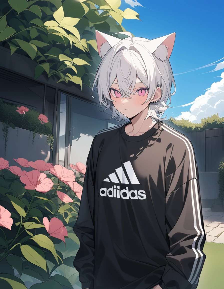 naughty man, White hair, pink eyes, Cat's ear, black long sleeve shirt, ADIDAS SHIRT, defined body, Tuuli, blue sky, Garden