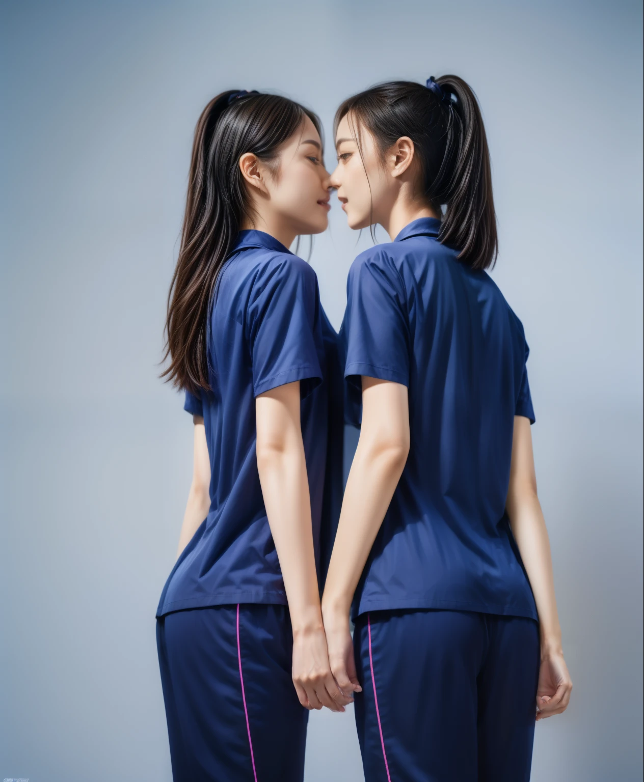 (best quality,10,10,height,Masterpiece:1.2),Special details,(realistic,ภาพrealistic,Realistic photos:1.37),1 Cute girl in the kitchen,shiny, ผิวshiny,only,smile softly,BDclothelue shirt:1.3)),short sleeve,shirt, กางเกงขาlong.,(navy_long_track pants:1.1), ((Kitchen Background)),Dynamic angle,excited,Face focus,dynamic poses,from behind,focus on ass,Masterpiece, best quality, ultra realistic, hyper detail, 8k resolution, raw photos, Sharp focus, ((Navy blue shirt:1.1)), short sleeve, เส้นทางlong, perfect body, 2 mature women, 18 years old, Cinema-grade lighting system,blue sweatpants,shirtผ้าออกกำลังกาย,correct anatomy,perfect body, correct body, Sharp face, correct bodyทางกายวิภาค, full body, realistic gestures, long-haired, realistic poses,Wear long shorts...........................,ช่วงขาlong,Good shape,carved girl, Slender figure, model, Good shape, beautiful body,blue sweatpants, two girls kissing