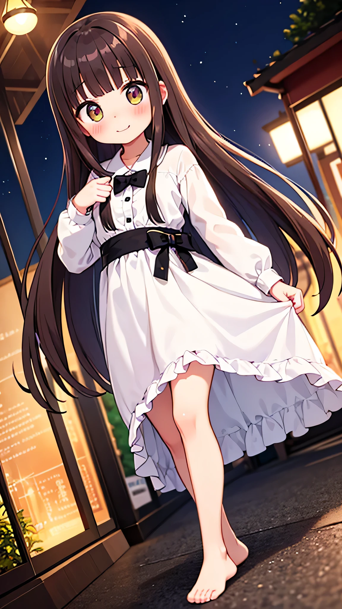 {Highest quality}, {Super beautiful},{Ultra fine},{Best illustration},Brown Hair,Hime cut,semi-long,Bangs,Standing Woman,nude,Night Park,Embarrassed,smilingly,Blushing,Slender women, A woman wearing plain black pumps,Bare feet and pumps,From an angle,From above