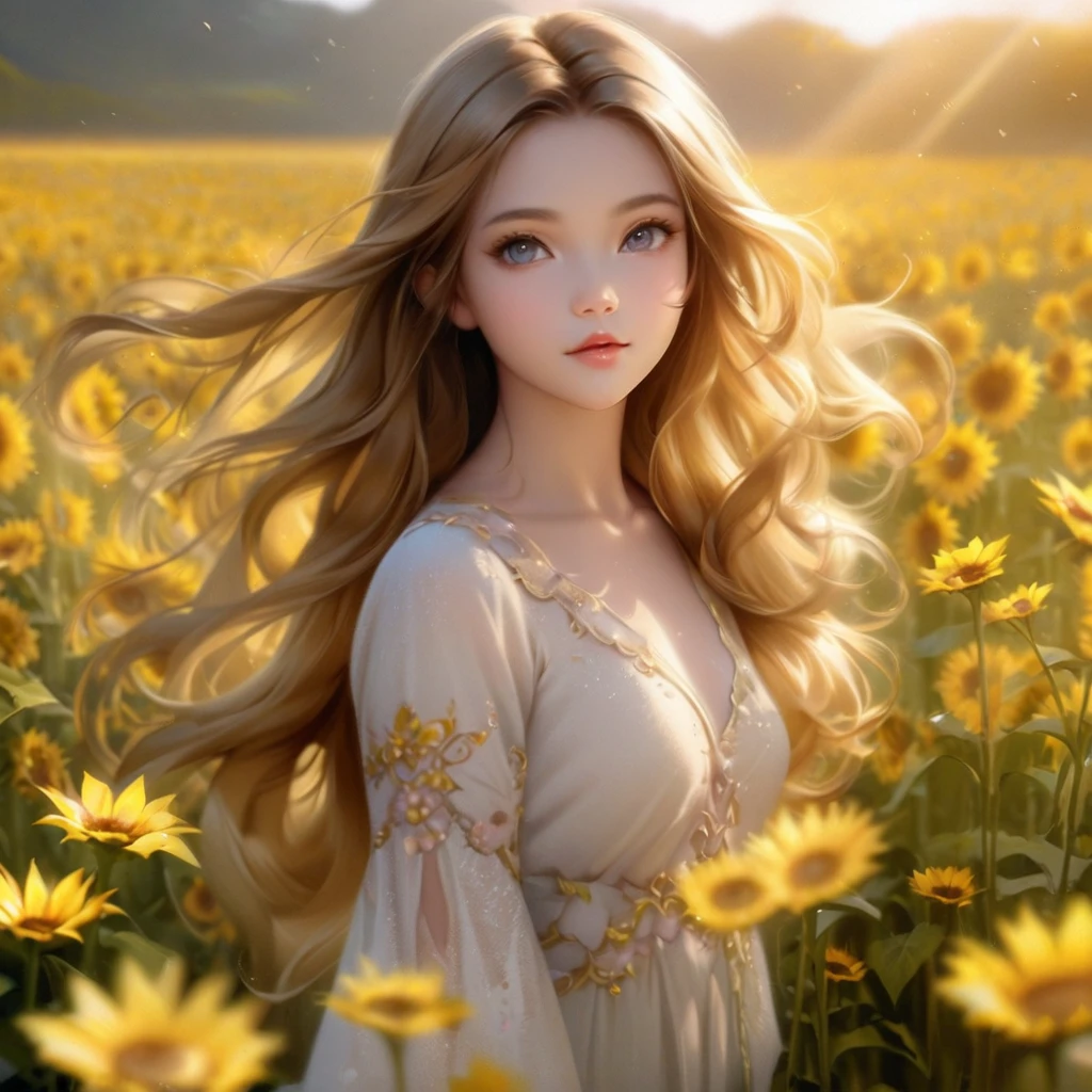 Long-haired woman standing in a field of yellow sunflowers, Fairy beautiful sunflower anime girl, Beautiful digital artwork, Beautiful digital art, Cute and intricate digital art, Cute digital art, Beautiful and amazing digital art, Realistic cute girl drawing, Gorgeous digital painting, Beautiful and realistic photos, Beautiful fantasy art portraits,