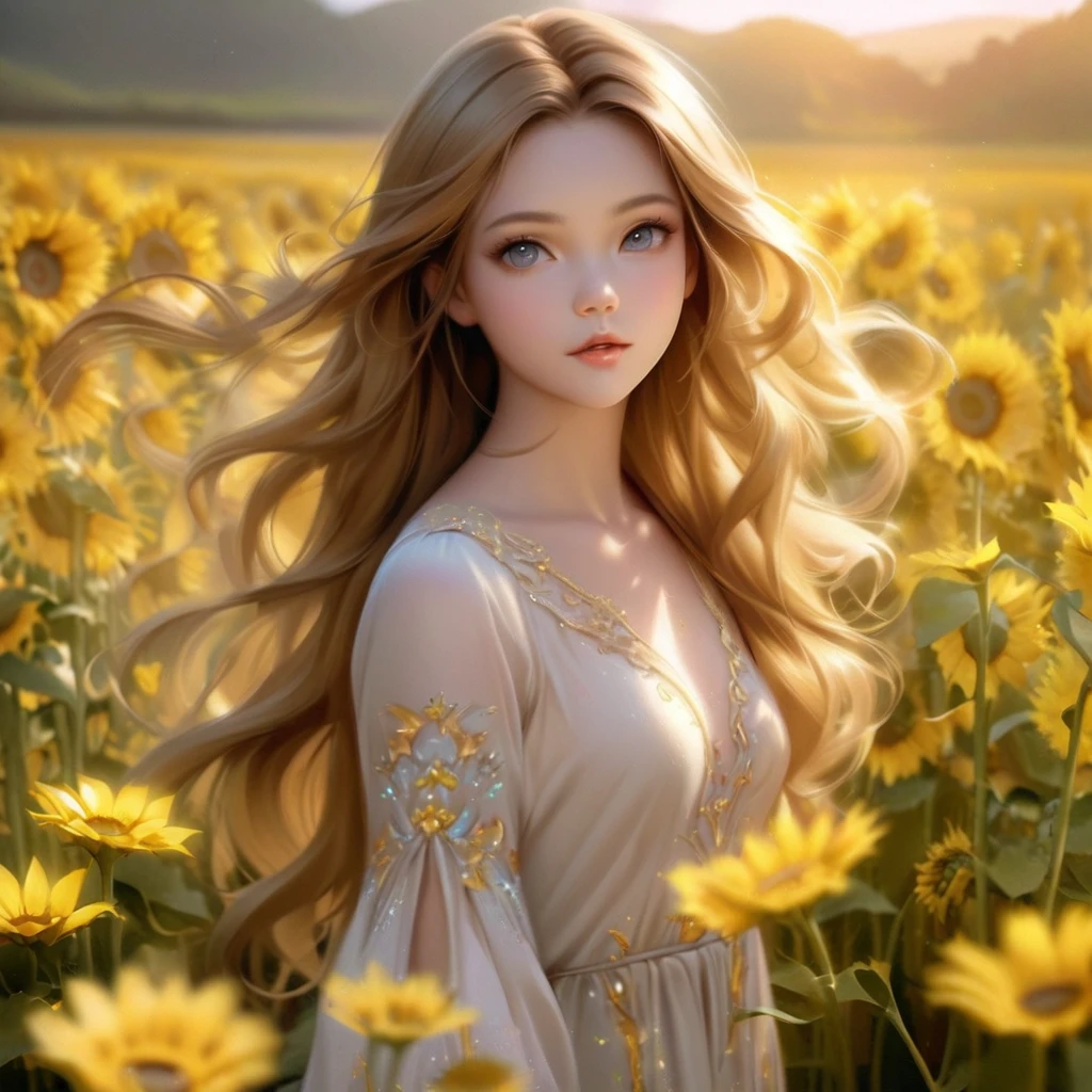 Long-haired woman standing in a field of yellow sunflowers, Fairy beautiful sunflower anime girl, Beautiful digital artwork, Beautiful digital art, Cute and intricate digital art, Cute digital art, Beautiful and amazing digital art, Realistic cute girl drawing, Gorgeous digital painting, Beautiful and realistic photos, Beautiful fantasy art portraits,