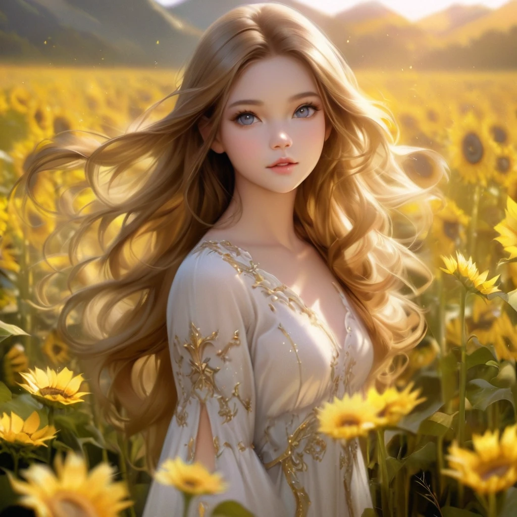 Long-haired woman standing in a field of yellow sunflowers, Fairy beautiful sunflower anime girl, Beautiful digital artwork, Beautiful digital art, Cute and intricate digital art, Cute digital art, Beautiful and amazing digital art, Realistic cute girl drawing, Gorgeous digital painting, Beautiful and realistic photos, Beautiful fantasy art portraits,