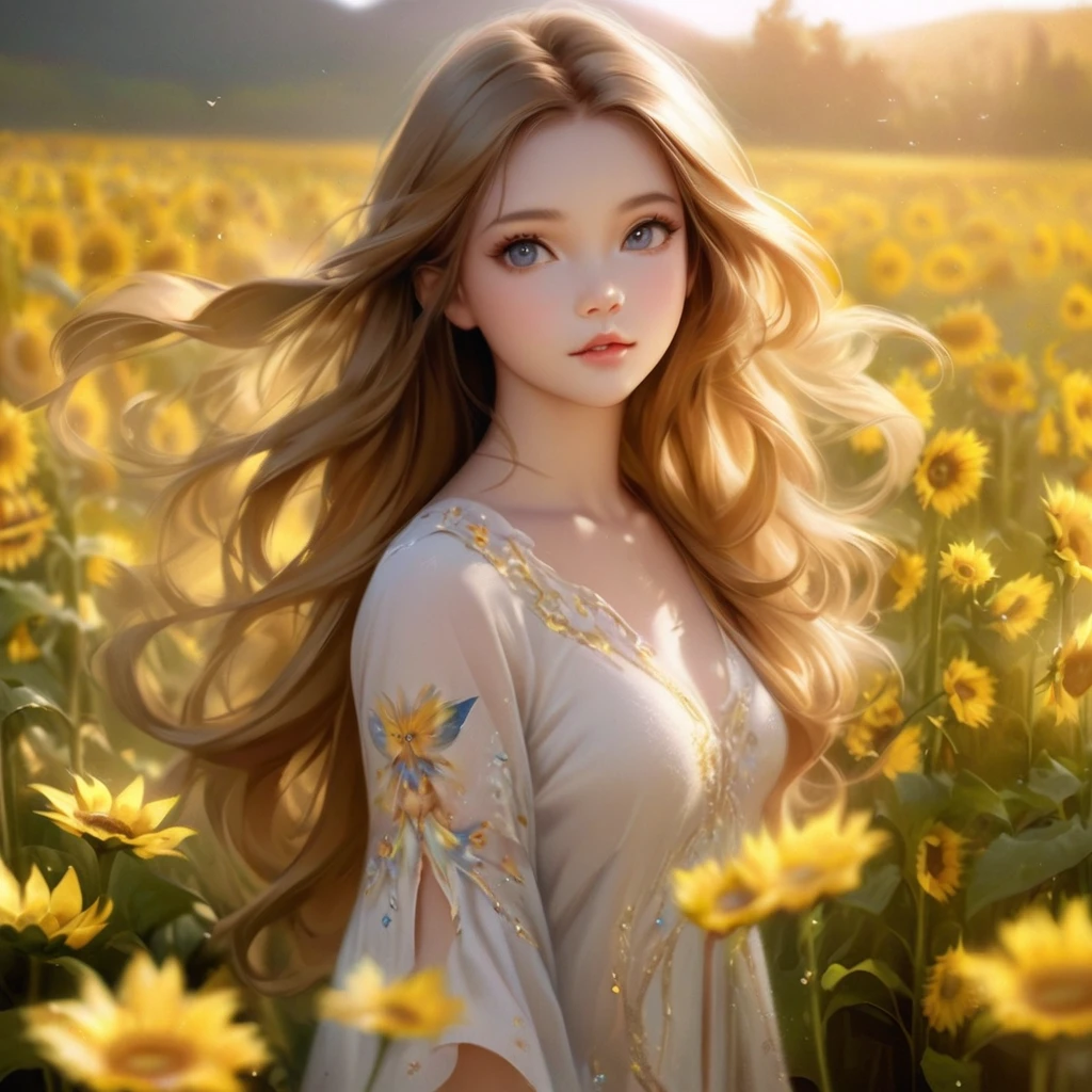 Long-haired woman standing in a field of yellow sunflowers, Fairy beautiful sunflower anime girl, Beautiful digital artwork, Beautiful digital art, Cute and intricate digital art, Cute digital art, Beautiful and amazing digital art, Realistic cute girl drawing, Gorgeous digital painting, Beautiful and realistic photos, Beautiful fantasy art portraits, 