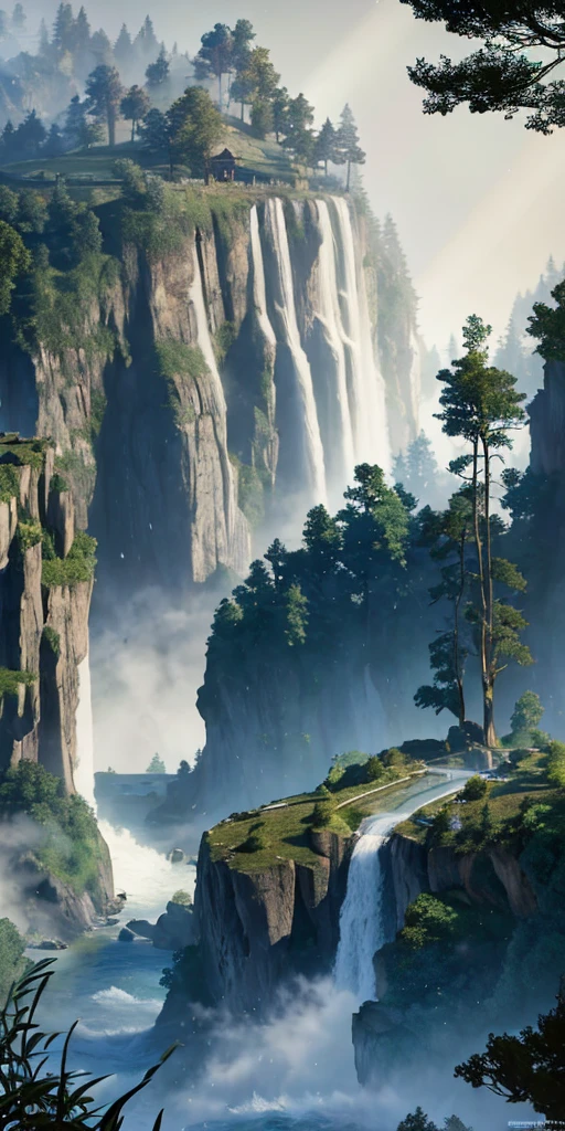 Analog style,ChromaV5,nvinkpunk,(extremely detailed CG unity 8k wallpaper),An image of a majestic river, trees on the sides, tiny waterfall, intense fog ,award winning photography, Chromatic Aberration, Detailed , HDR, Bloom, style by Monet, Pissarro, and Sisley ,trending on ArtStation, trending on CGSociety, art by midjourney