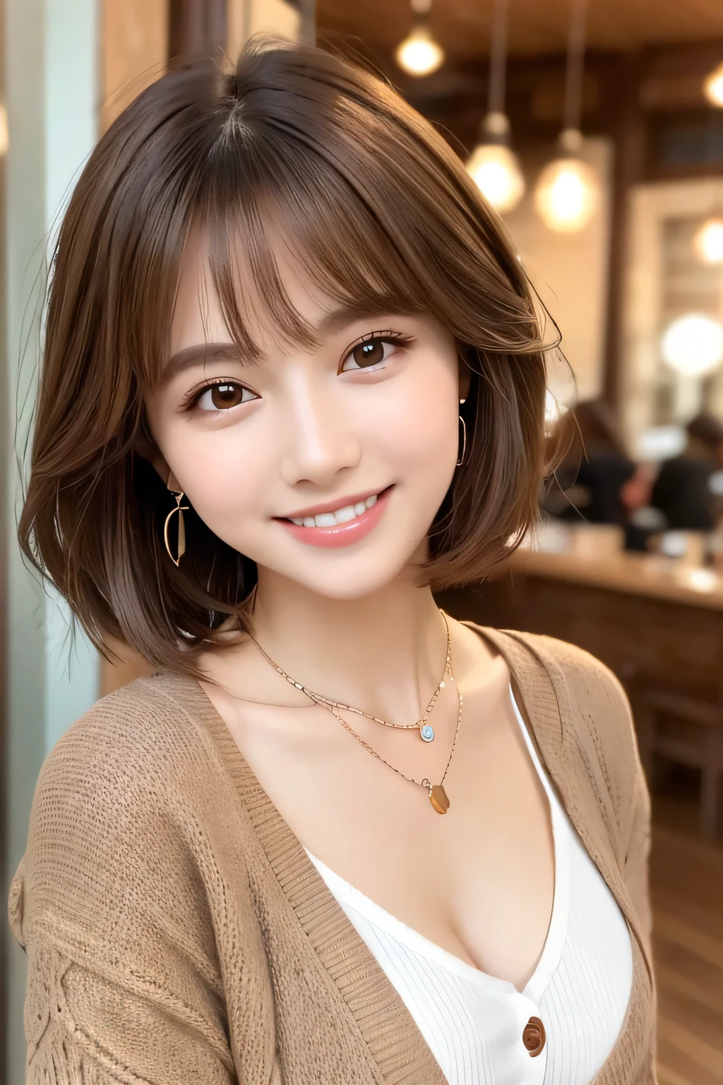 ）Light brown hair、Clear beauty、Short Haircut、Wavy Hair、cardigan、blouse、Ear piercing、Necklace around the neck、smile、Beautiful teeth alignment、Intricate details, Very detailed:1.2), 、 Looking into the camera、The background is a coffee shop

