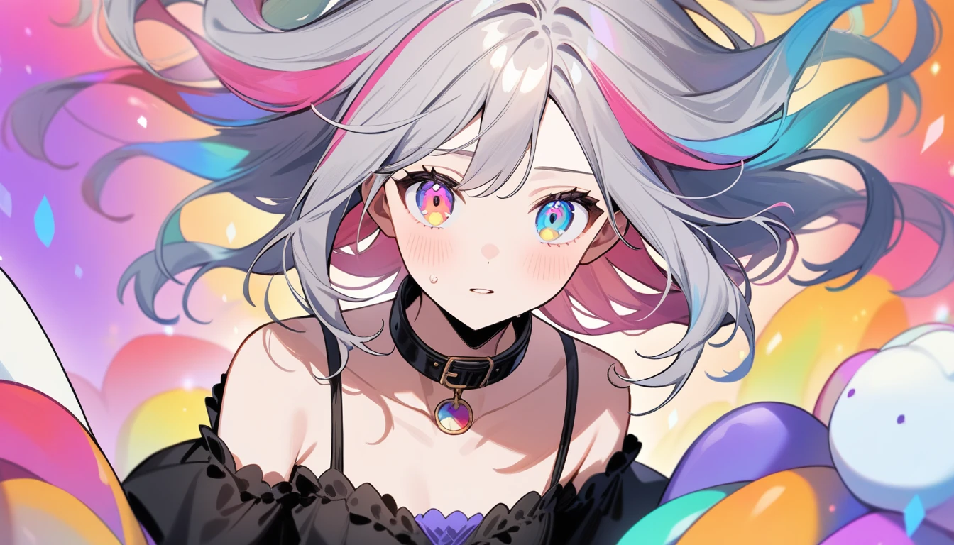 (((masterpiece))),(((Highest quality))),((Super fine)),(An illustration),(Dynamic Angle), ((float)),(picture),((Disheveled Hair)), (alone),(1 girl), (((small_Chest)), (((Detailed anime face))),((Beautiful and elegant face)),collar,Shoulders,Gray Hair, ((Colorful Hair)),((Striped Hair)), Beautiful and delicate eyes,(Gradient eyes),((Multicolored Eyes))), ((((Colorful background))),(Highly saturated)),(((Highly saturated水しぶきに囲まれている)),(Surrounded by colorful dots))),Multicolored bubbles((Shine))