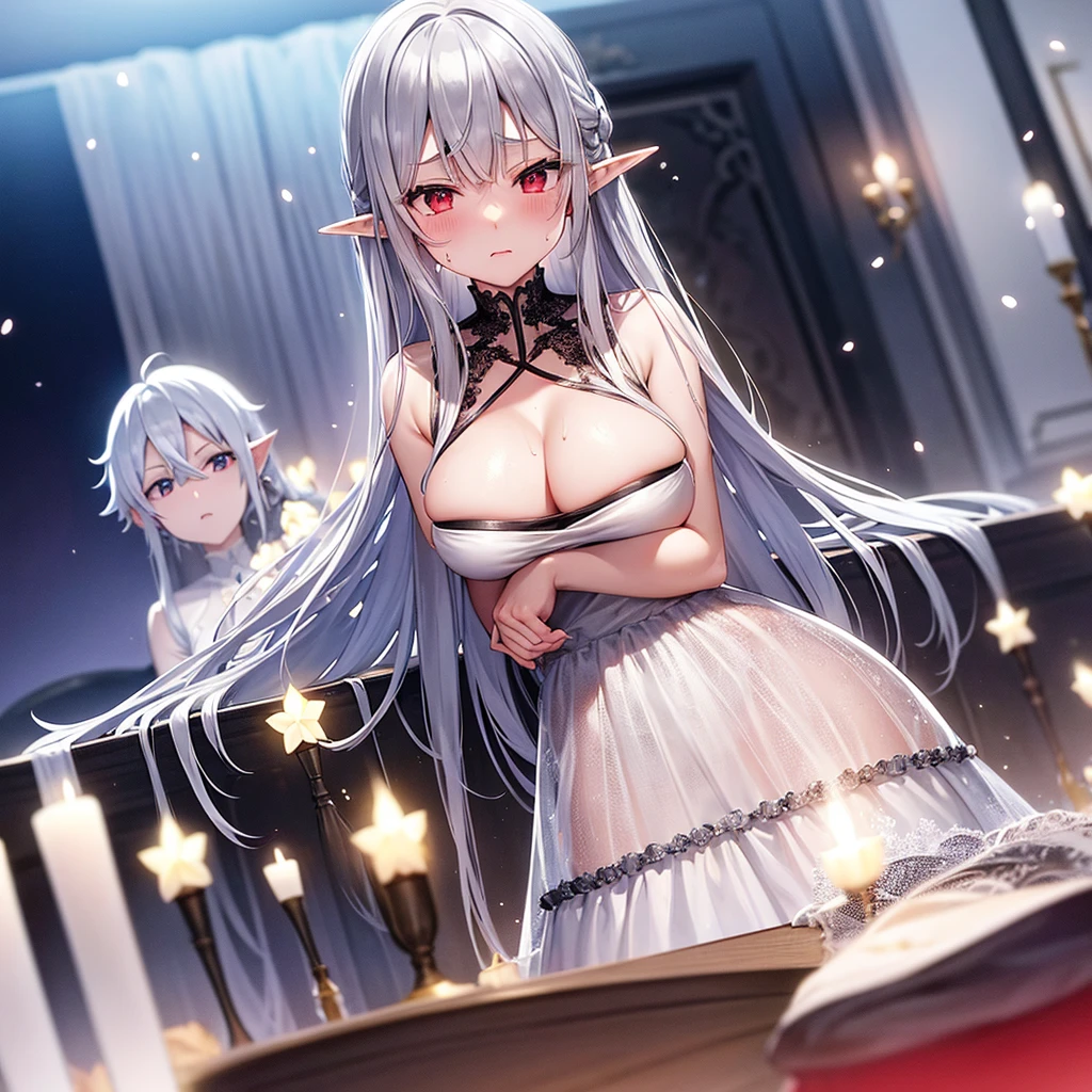 adult、Sweaty、Asuna、STAR、Silver Hair、Red Eye、Elves、Semi-transparent black lace wedding dress、Troubled face、High angle、The focus is on the cleavage、Free Pose、Moonlit Night、Withdrawal symptoms