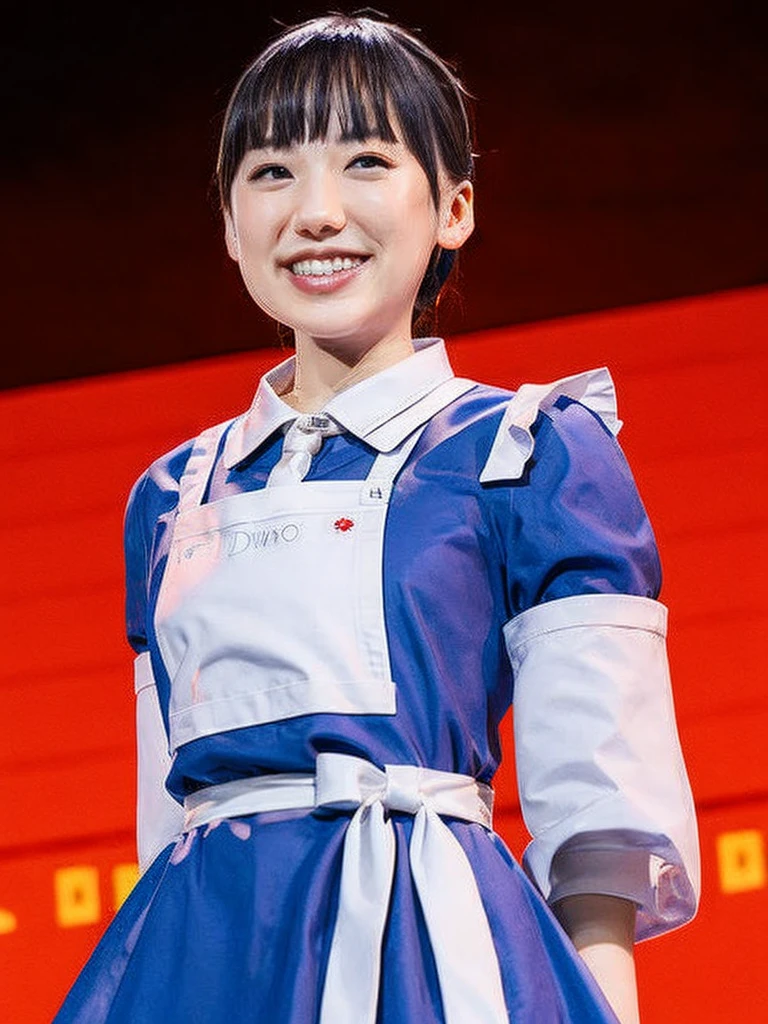 slender girl, (make up:1.1), (meido:1.2), stage, (upper body shot:1.1), cowboy shot