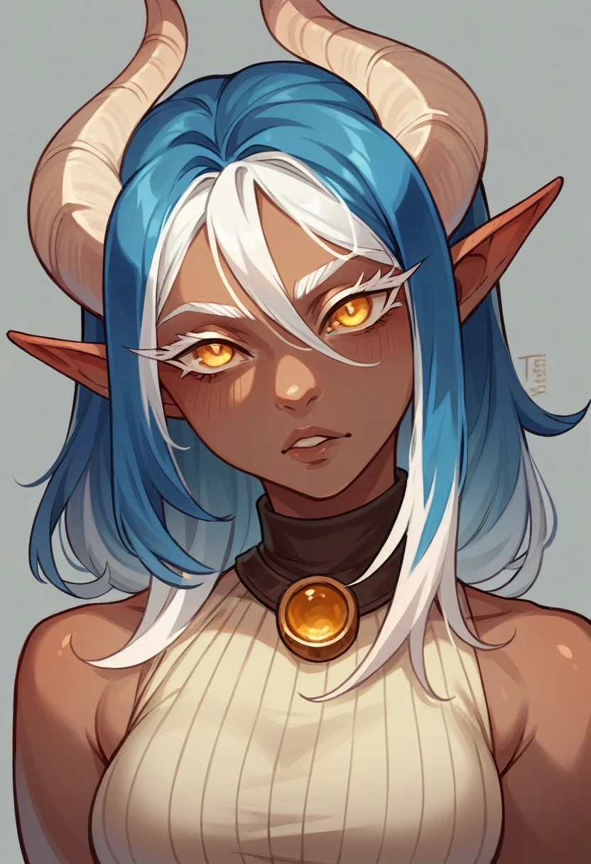 tiefling race woman, beige skin, completely golden eyes and white eyelashes, sharp syrup, straight blue hair with white highlights, with dark clothes and a rogue's hood, and some golden accessories