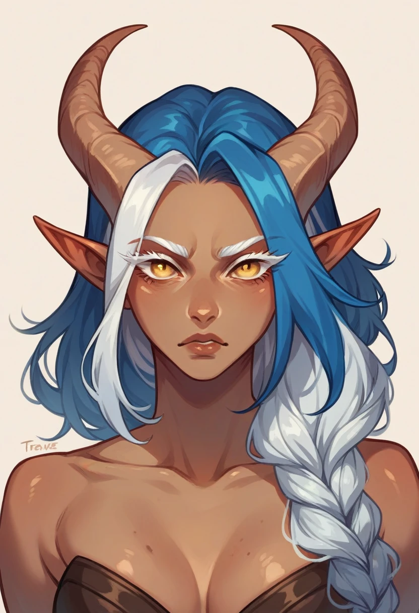 tiefling race woman, beige skin, completely golden eyes and white eyelashes, sharp syrup, straight blue hair with white highlights, with dark clothes and a rogue's hood, and some golden accessories