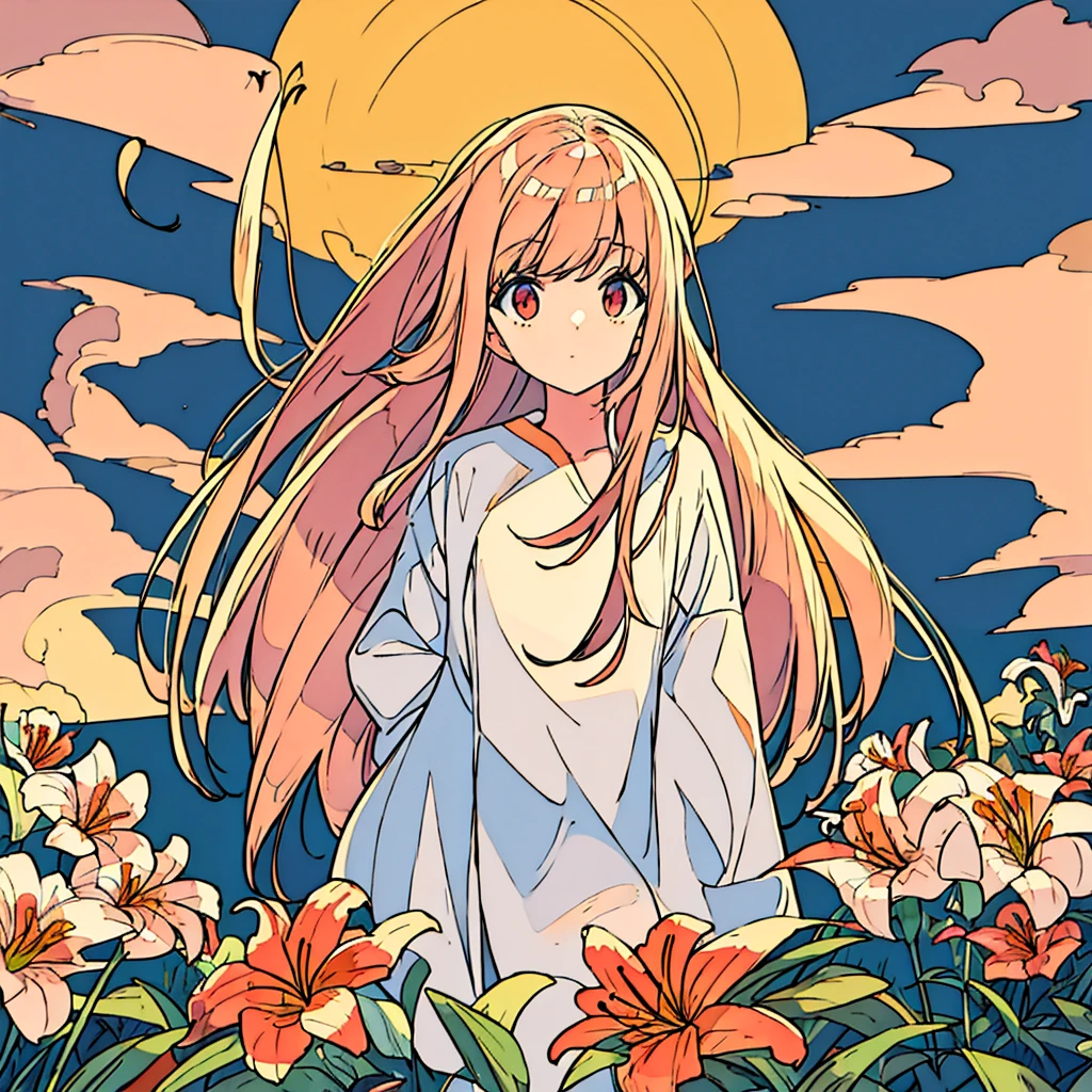 Plain sunset colored background, girl in white with bronze hair, lily flower, simple, chic, summer, plain