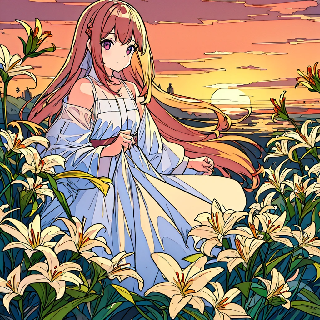 Plain sunset colored background, girl in white with bronze hair, lily flower, simple, chic, summer, plain