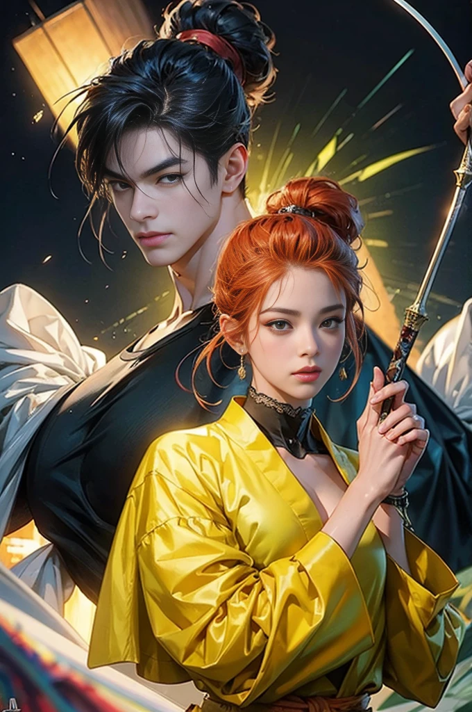 anime characters with swords and a woman in a yellow dress, by Yang J, ruan jia and artgerm, artgerm and ruan jia, ross tran and bayard wu, trending on cgstation, artwork in the style of guweiz, artgerm and ben lo, artgerm and genzoman, jin shan and ross tran