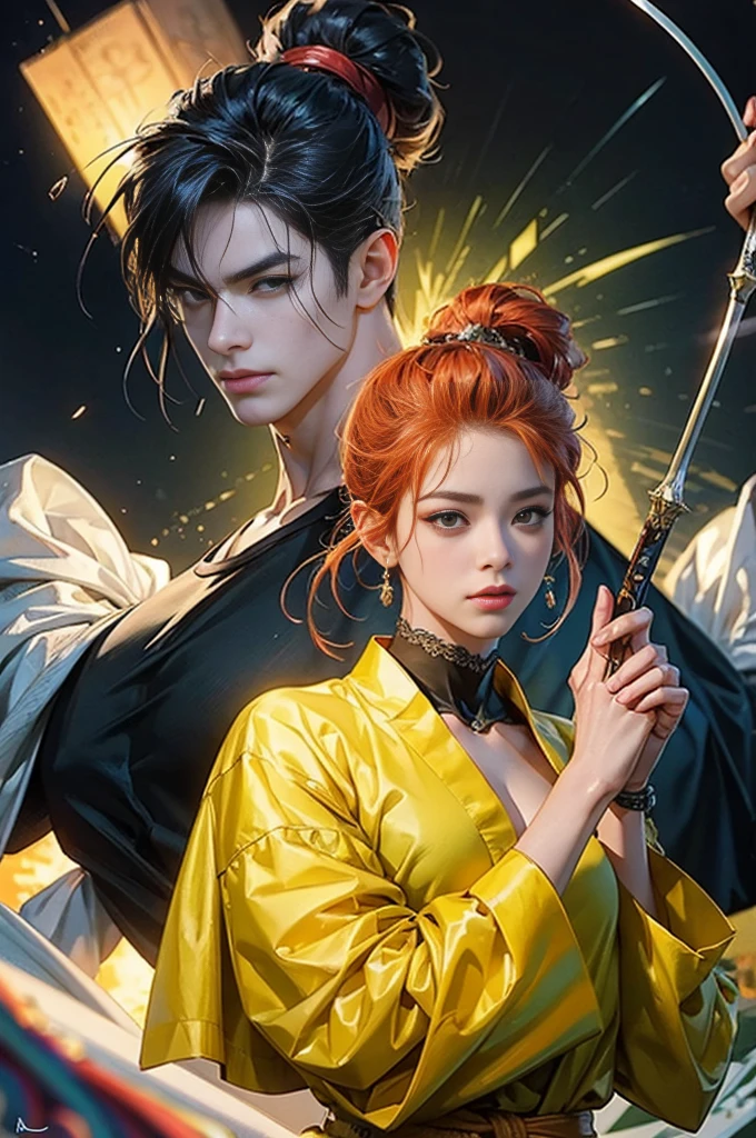 anime characters with swords and a woman in a yellow dress, by Yang J, ruan jia and artgerm, artgerm and ruan jia, ross tran and bayard wu, trending on cgstation, artwork in the style of guweiz, artgerm and ben lo, artgerm and genzoman, jin shan and ross tran
