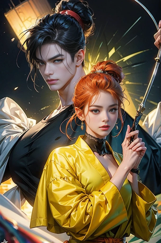 anime characters with swords and a woman in a yellow dress, by Yang J, ruan jia and artgerm, artgerm and ruan jia, ross tran and bayard wu, trending on cgstation, artwork in the style of guweiz, artgerm and ben lo, artgerm and genzoman, jin shan and ross tran