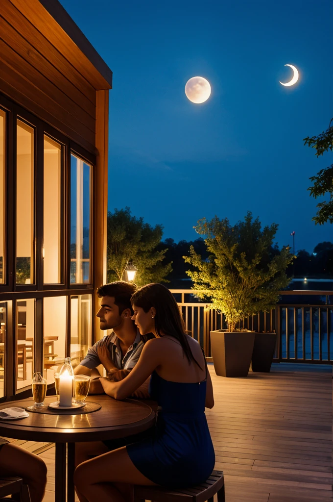 A couple at the terrace seeing the moon
