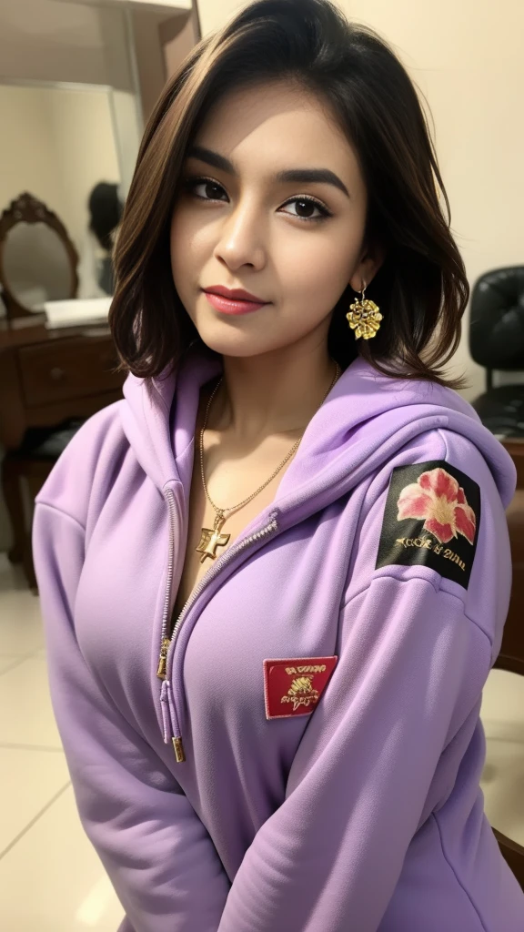 photography, woman,  portrait of woman wearing purple hoodie clothes, red lipstick, golden necklace, earrings, ornate, detail, flowers, blurry background, soft focus