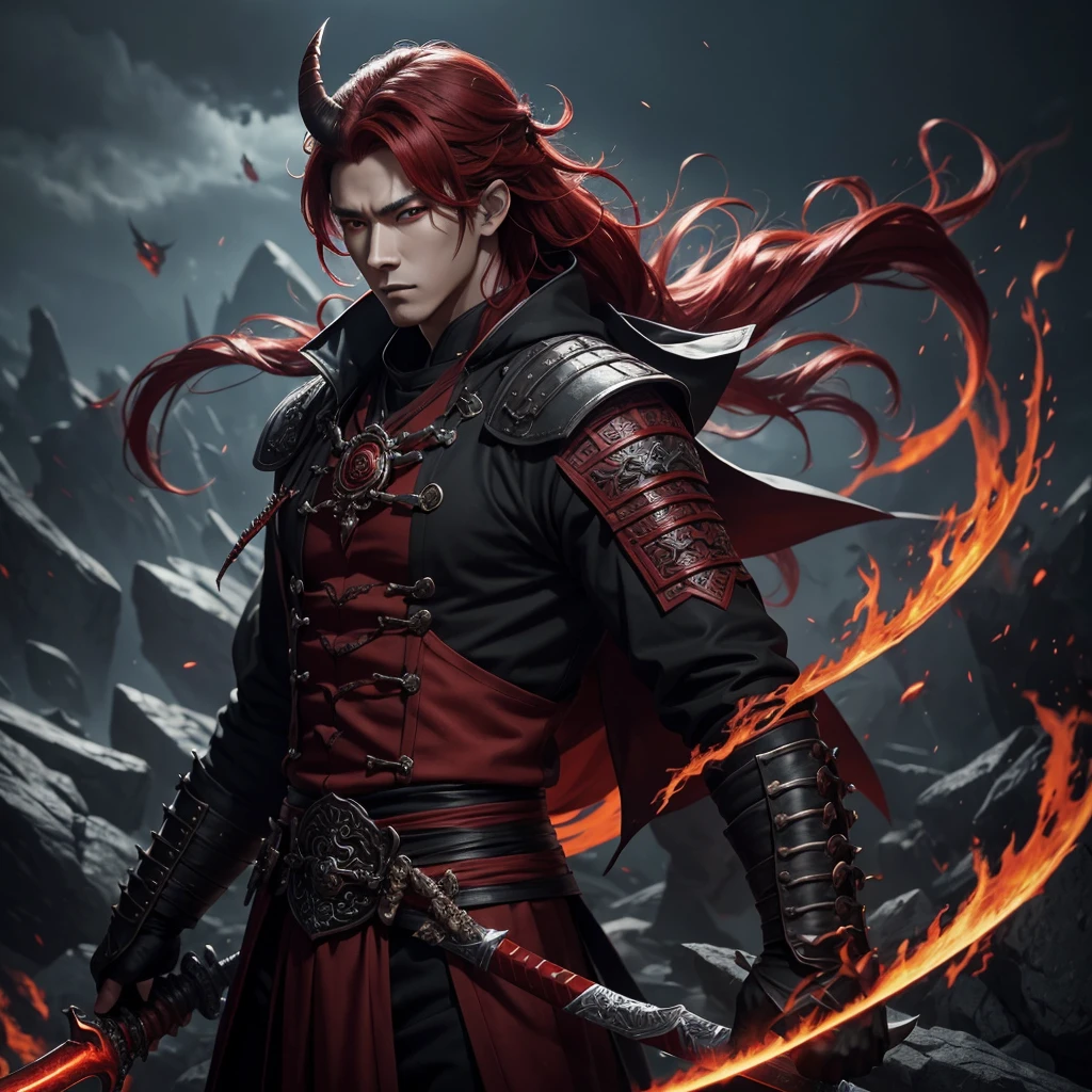 1 handsome guy in demon killer art, demon horn, red hair,sword, Inspired by Bian Shoumin, heise jinyao, Inspired by Seki Dosheng, Cai Xukun, by Yang J, Guviz-style artwork, Deviantart ArtStation CGSCOSIETY, demon slayer rui fanart, 8k, hd, unreal engine, manly, handsome,