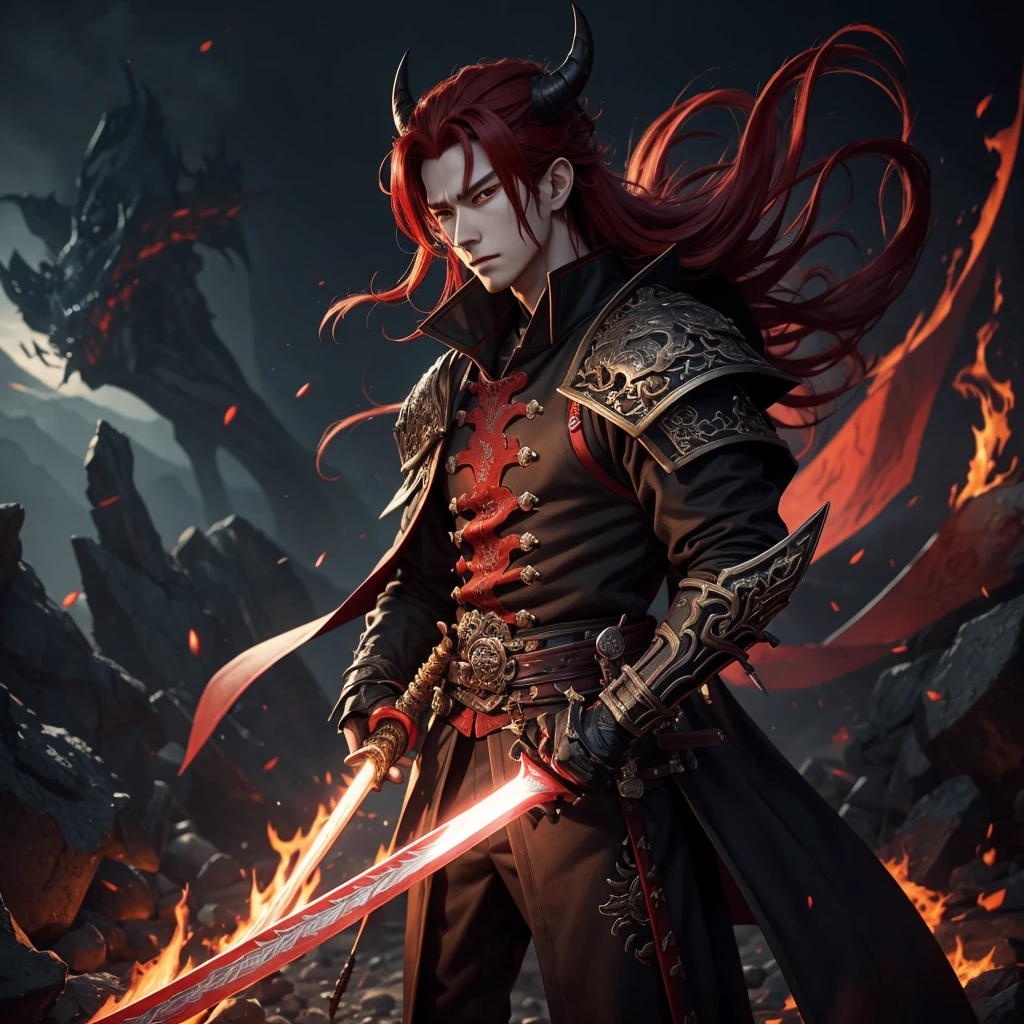 1 handsome guy in demon killer art, demon horn, red hair,sword, Inspired by Bian Shoumin, heise jinyao, Inspired by Seki Dosheng, Cai Xukun, by Yang J, Guviz-style artwork, Deviantart ArtStation CGSCOSIETY, demon slayer rui fanart, 8k, hd, unreal engine, manly, handsome,