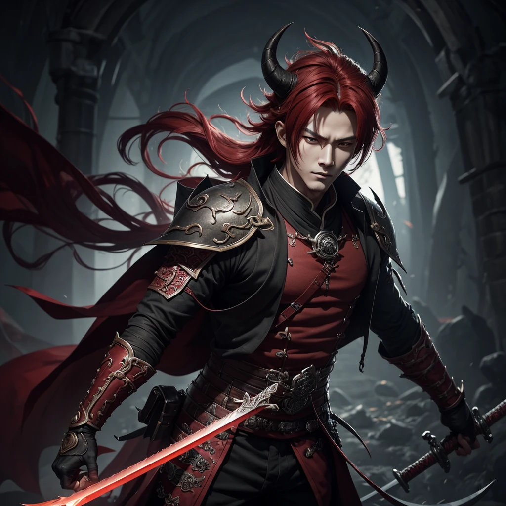 1 handsome guy in demon killer art, demon horn, red hair，sword,  Inspired by Bian Shoumin, heise jinyao, Inspired by Seki Dosheng, Cai Xukun, by Yang J, Guviz-style artwork, Deviantart ArtStation CGSCOSIETY, demon slayer rui fanart, 8k, hd, unreal engine, manly, handsome, 