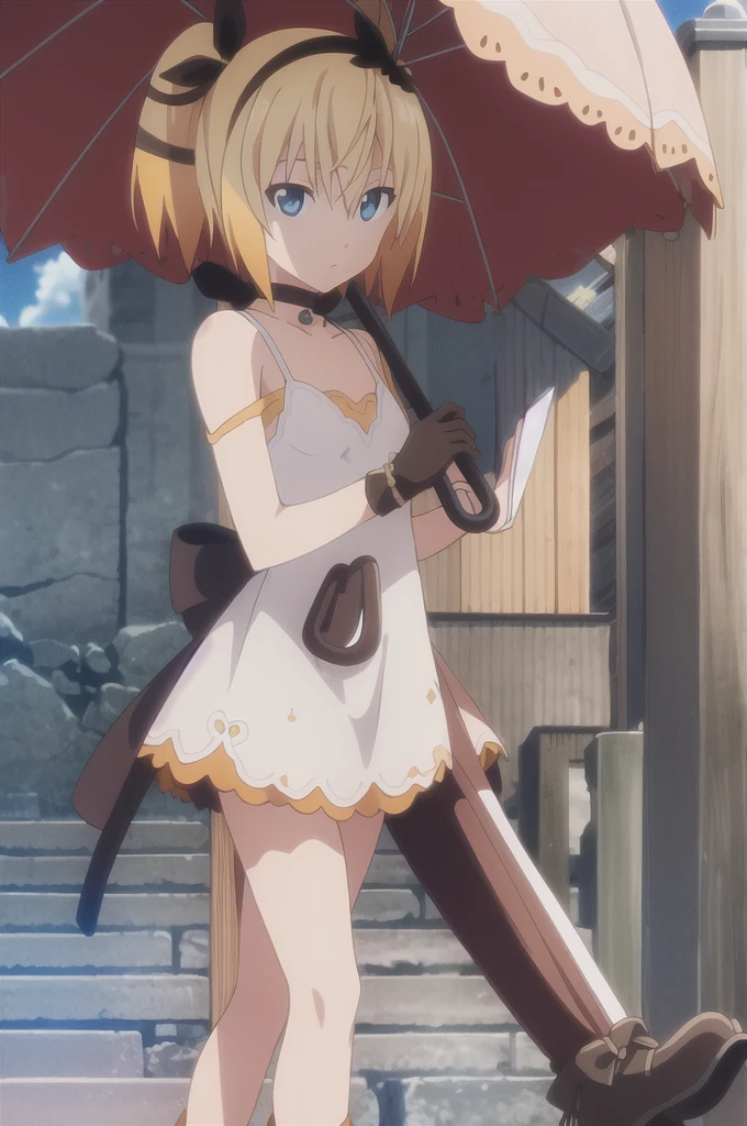 ((masterpiece)),((Highest quality)),Very detailed,Raising awareness,Explicit,beautiful body,beautiful Nose,beautiful character design,Perfect Eyes,Perfect Face,wallpaper,Ultra-high resolution,4K,photograph,(beautiful,Small breasts:1.2),(beautiful顔:1.2),beautiful足,Perfect Legs,Shiny skin,Official Style,Browsing Caution,Official Art,Create a screen capture,Anime Coloring,
One Girl,alone,umbrella,blonde,short hair,choker,Side Ponytail,ribbon,blue eyes,black choker,gloves,leg ribbon,片手gloves,hair band,whole body,hair ribbon,dress,View your audience,tress ribbon,boots,Are standing,white dress,skirt,clavicle,Beach,Outdoor,Day,